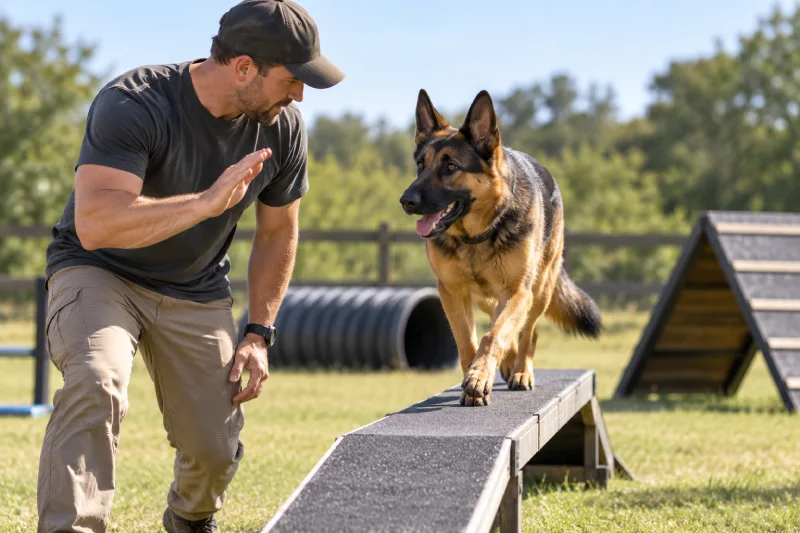 Dog and trainer during a training session in Montauk