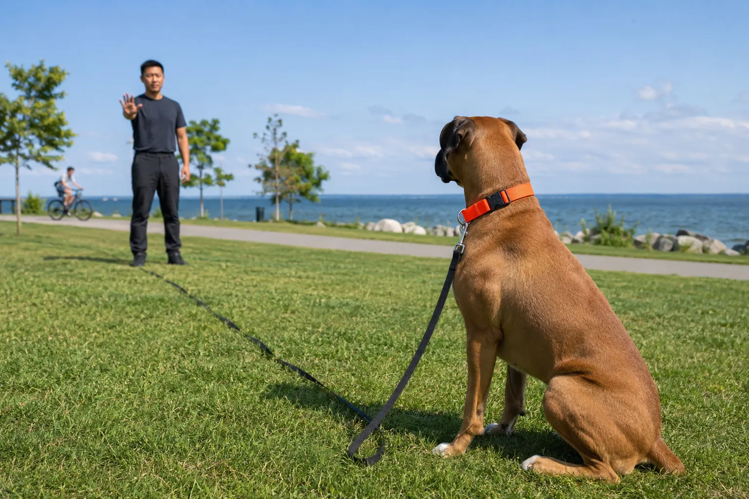 Dog practicing advanced obedience training with a professional trainer