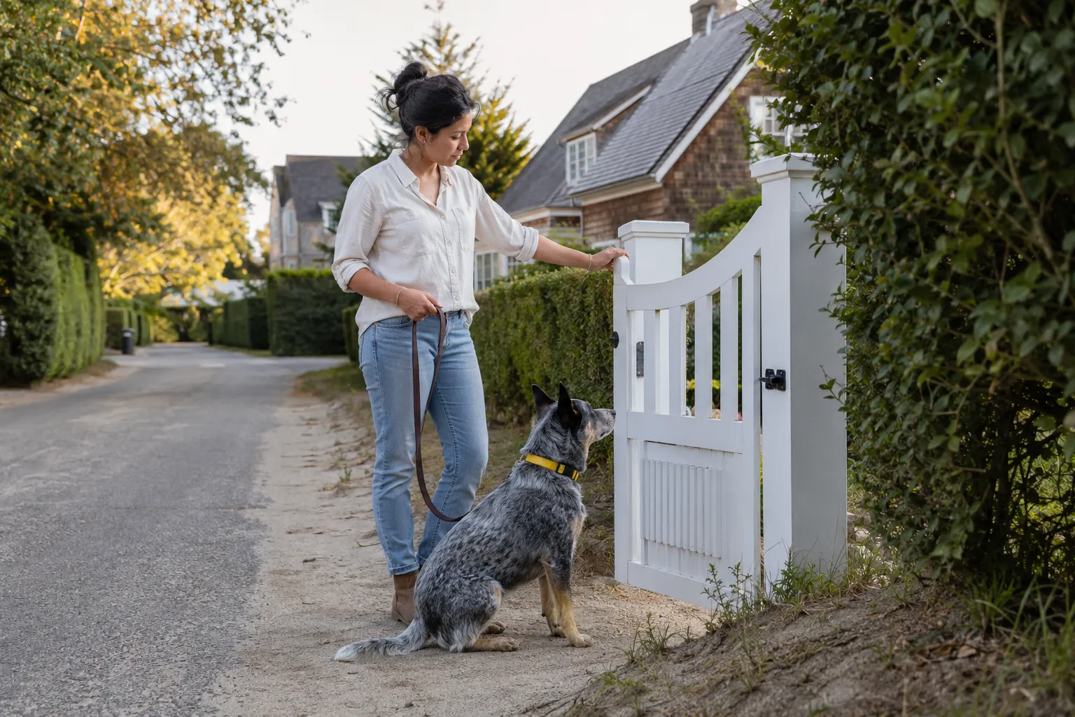 Dog walking with its owner along a residential sidewalk