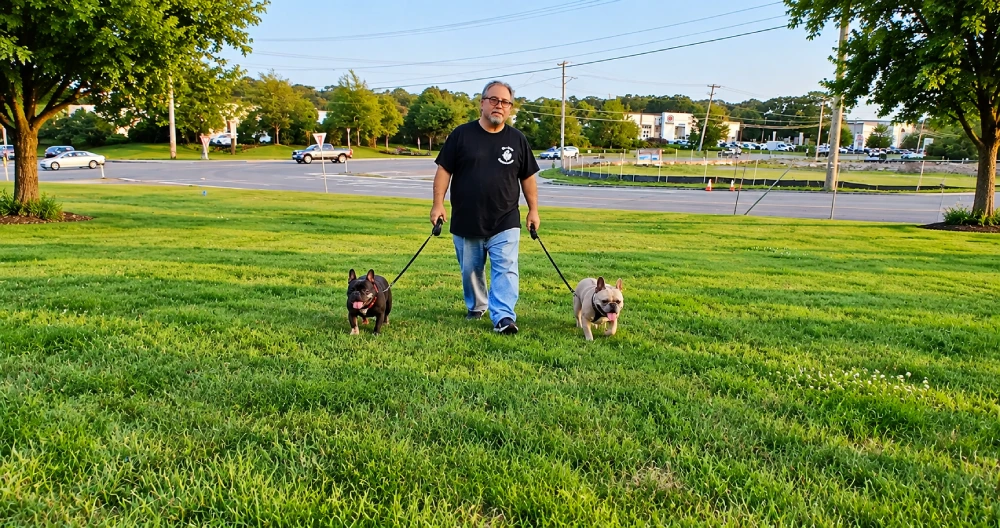 Dog walking with its trainer along the waterfront
