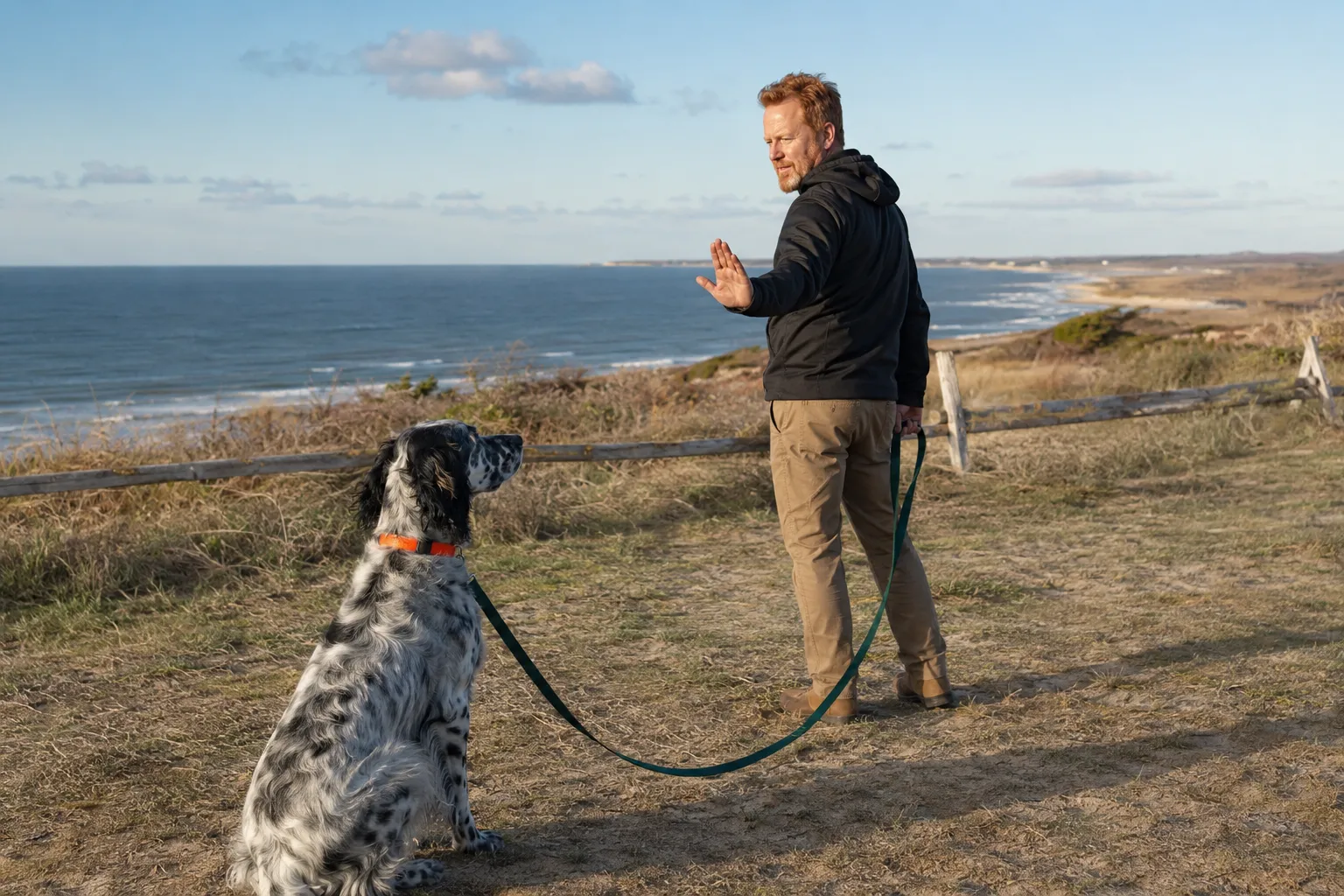 Dog enjoying a training session with its owner near the coast