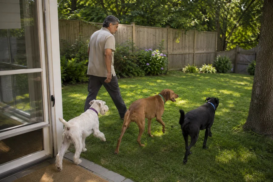Professional dog trainer walking several dogs in a backyard