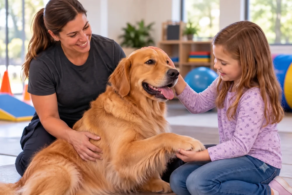 Dog and owner preparing for therapy dog training