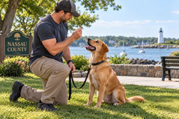 Dog and owner participating in dog training in Nassau County
