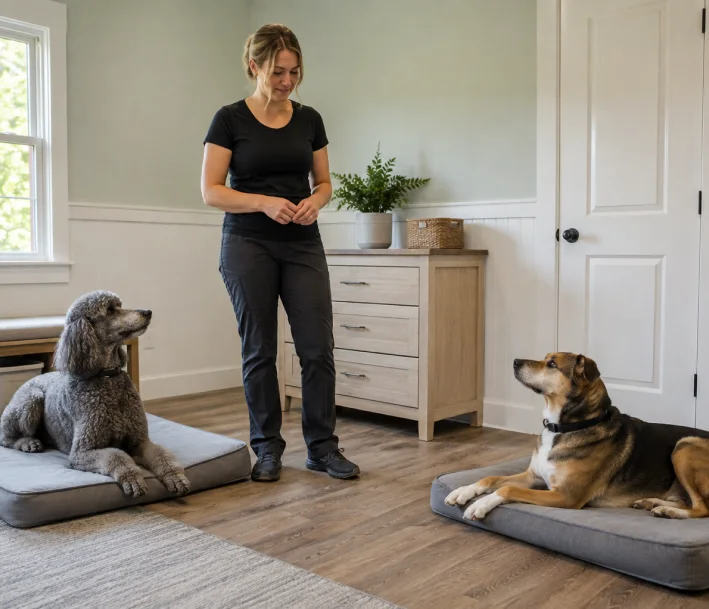 Dog trainer walking with a dog during a training session