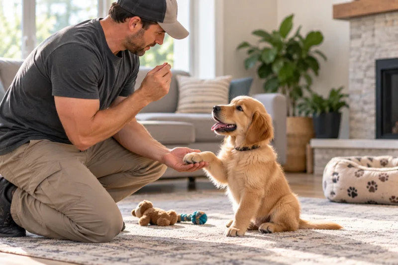 Young puppy working with an owner during early training